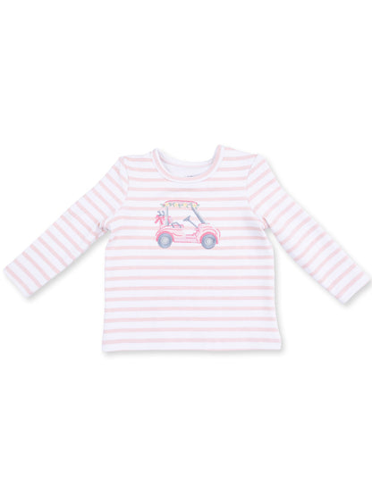 Striped long-sleeve shirt with a golf cart graphic in pink and blue hues, perfect for kids' casual wear.