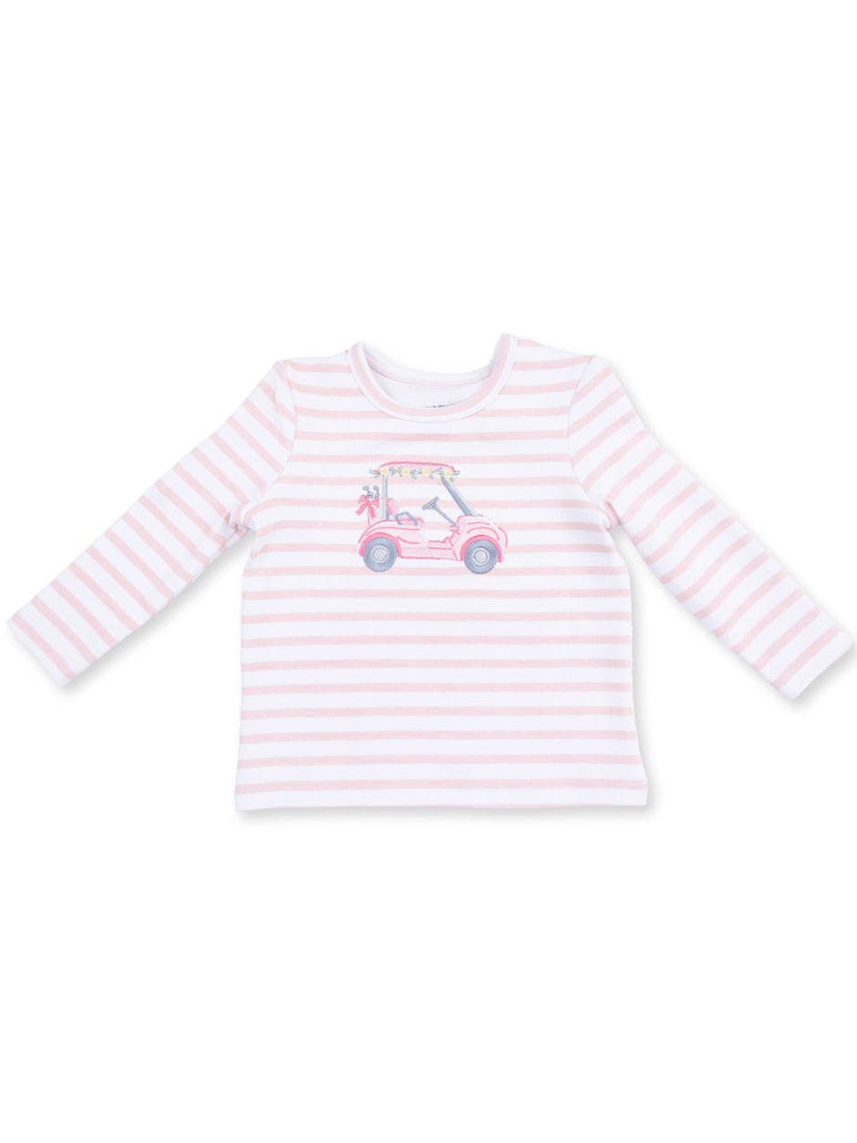 Striped long-sleeve shirt with a golf cart graphic in pink and blue hues, perfect for kids' casual wear.
