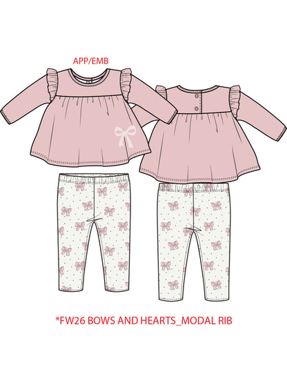 Long Sleeve Sweatshirt with Ruffles and Leggings, Veiled Pink Bows