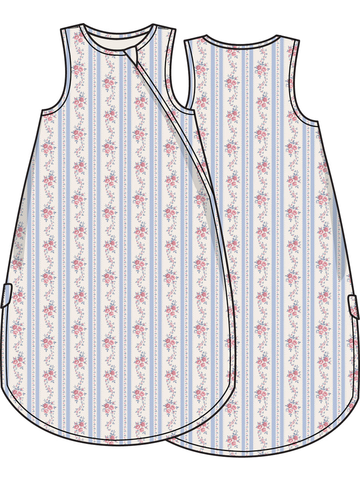 Floral-patterned sleeveless dress design featuring stripes and a wrap style. Front and back views included.