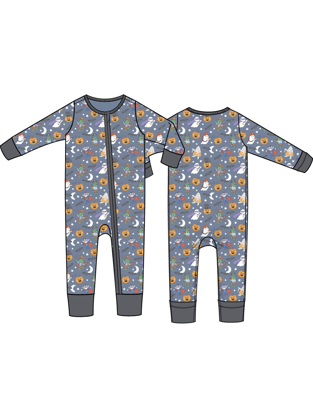 Gray Halloween-themed onesie featuring pumpkins, ghosts, and other festive designs on both front and back.