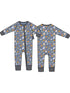 Gray Halloween-themed onesie featuring pumpkins, ghosts, and other festive designs on both front and back.
