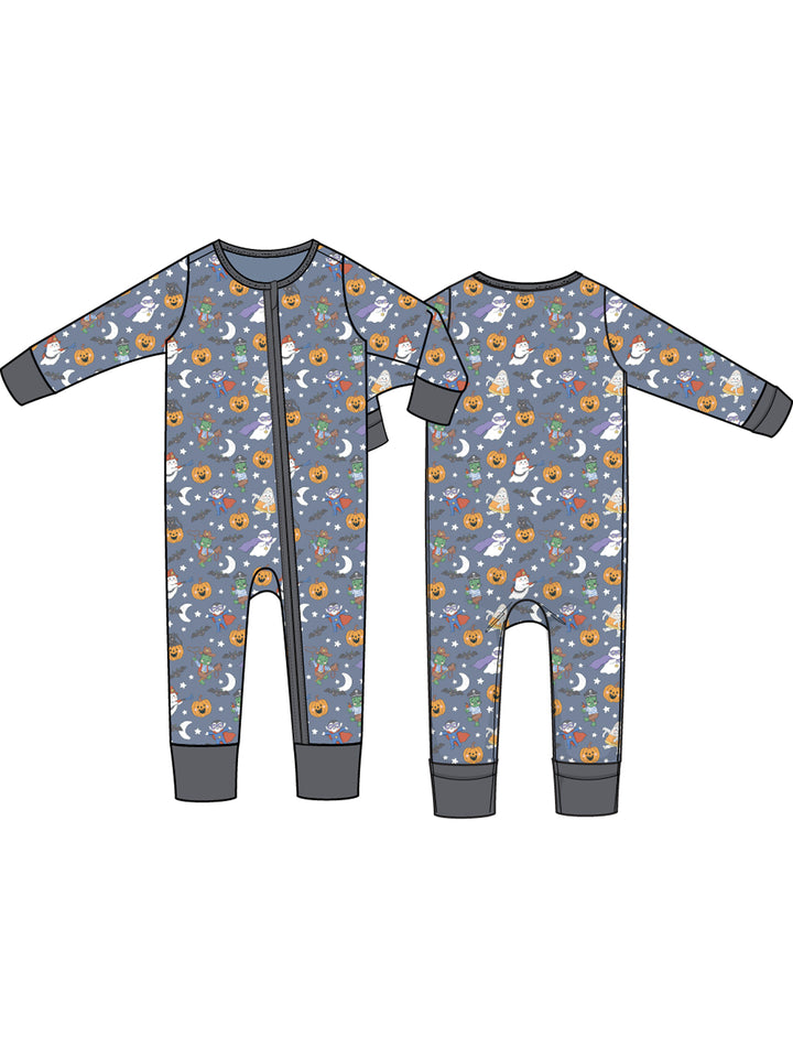 Gray Halloween-themed onesie featuring pumpkins, ghosts, and other festive designs on both front and back.