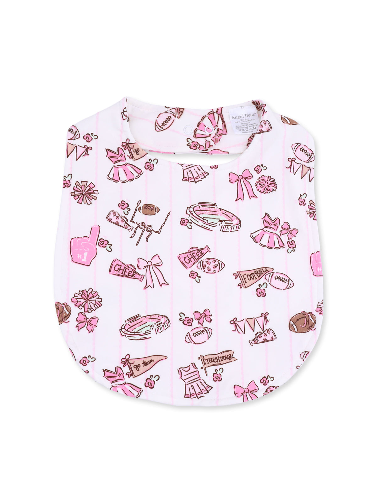 Pink baby bib with cheerleading and sports-themed illustrations, including pom-poms and footballs.