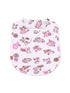 Pink baby bib with cheerleading and sports-themed illustrations, including pom-poms and footballs.