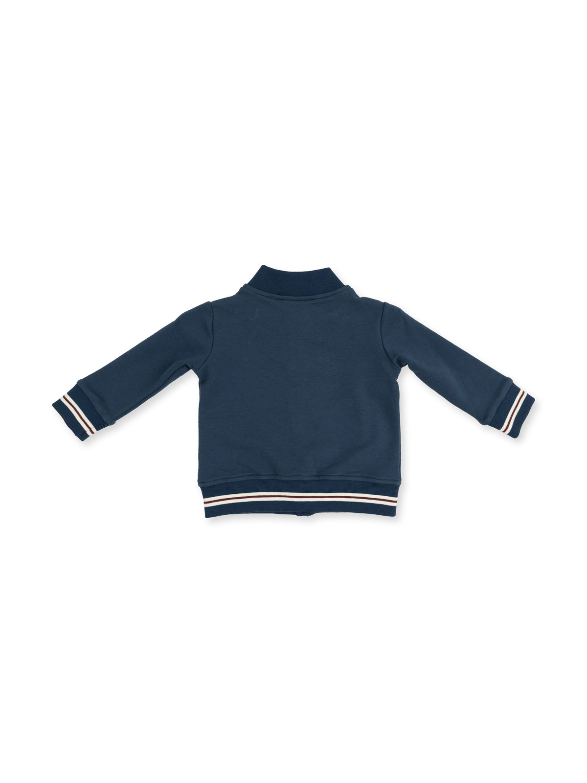 Navy blue toddler jacket with striped cuffs and collar, shown from the back.