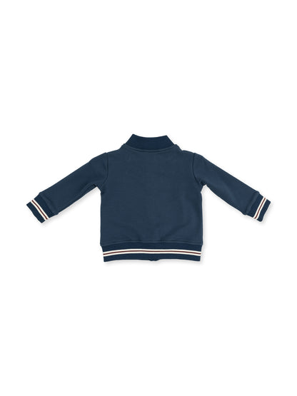 Navy blue toddler jacket with striped cuffs and collar, shown from the back.