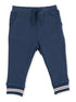 Navy blue sweatpants with pockets and striped cuffs. Ideal for casual wear or exercise.