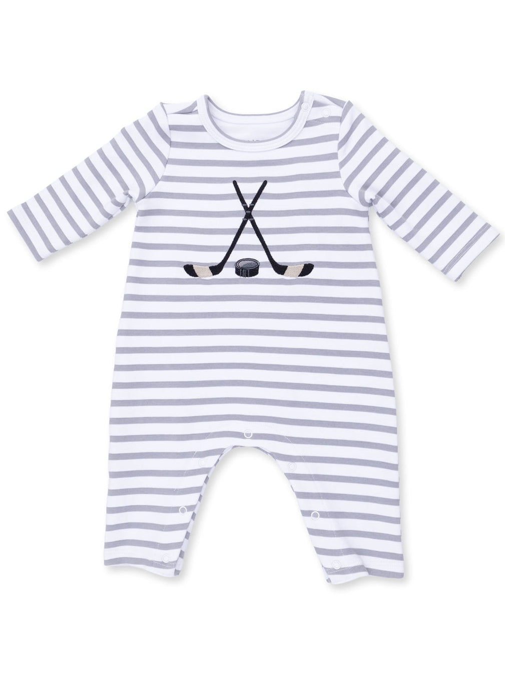 Striped infant onesie with hockey sticks and puck embroidery in gray and white colors.