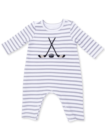 Striped infant onesie with hockey sticks and puck embroidery in gray and white colors.