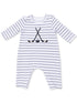 Striped infant onesie with hockey sticks and puck embroidery in gray and white colors.