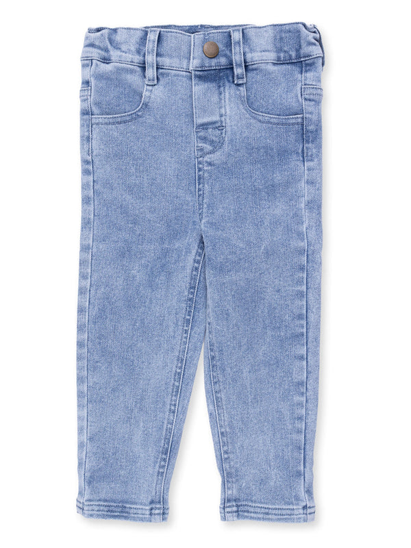 Light blue children's jeans with a classic five-pocket design and button closure.