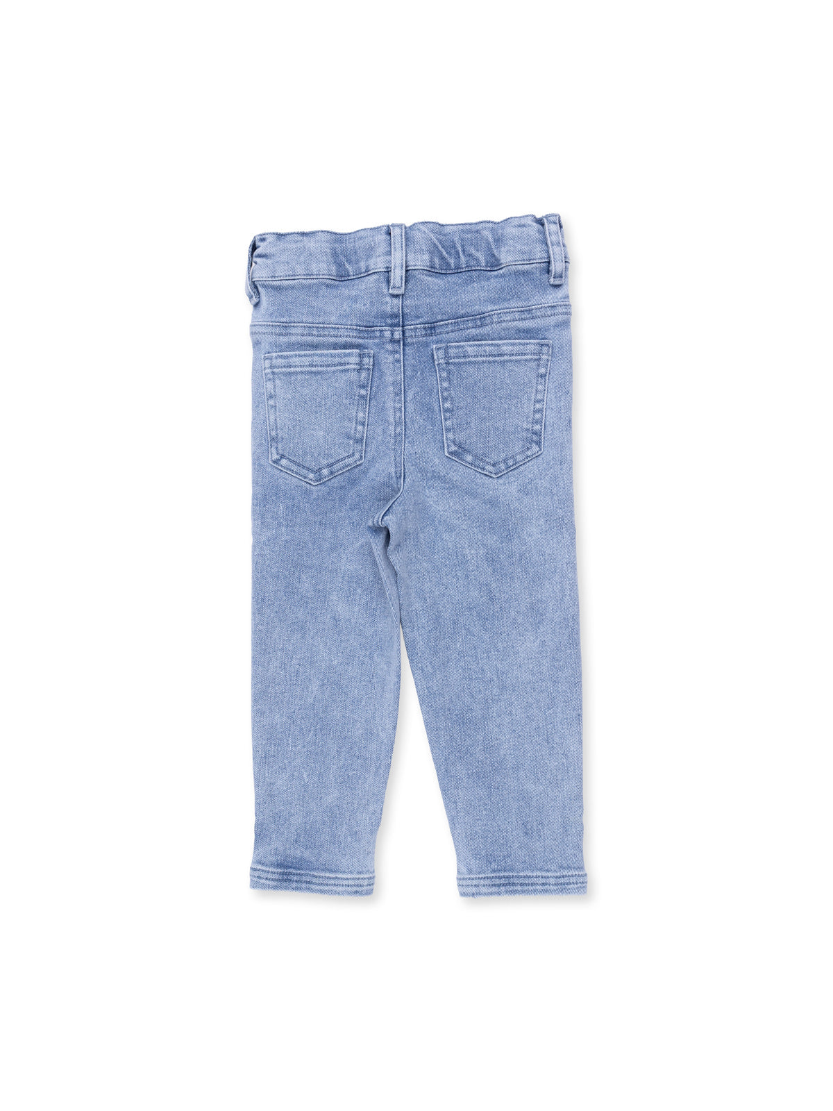 Light blue denim leggings with a stretchy waistband and back pockets, displayed from the back view.