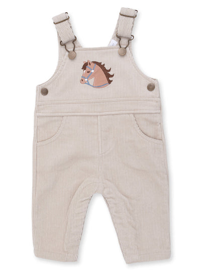 Beige corduroy overalls with a horse embroidery on the front and adjustable straps. Perfect for toddlers.