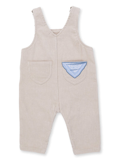 Beige corduroy overalls with a blue pocket detail and adjustable straps, suitable for children.