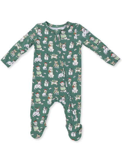 Green baby onesie with festive dog and snowman patterns, featuring a front zipper and long sleeves.