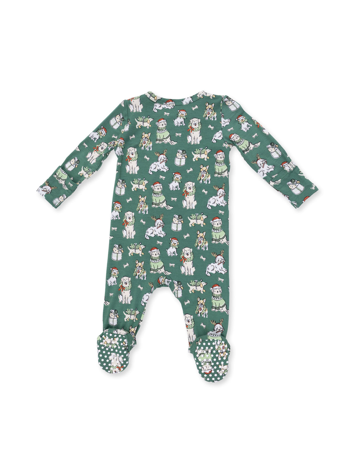 Green baby onesie featuring playful dog illustrations and polka dot foot grips. Perfect for cozy wear.