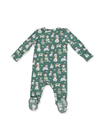 Green baby onesie featuring playful dog illustrations and polka dot foot grips. Perfect for cozy wear.