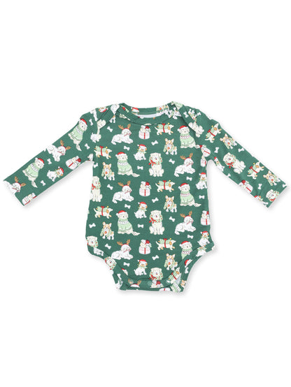 Green long-sleeve baby onesie featuring festive animals and snowmen pattern. Perfect for holiday wear.
