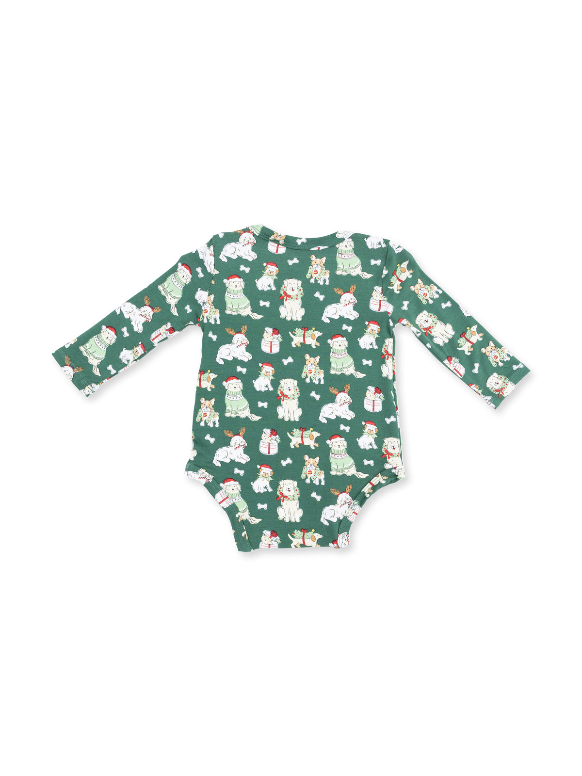 Green long-sleeve onesie with festive animal prints including dogs, gifts, and Christmas decorations.