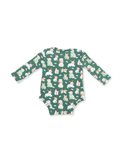 Green long-sleeve onesie with festive animal prints including dogs, gifts, and Christmas decorations.