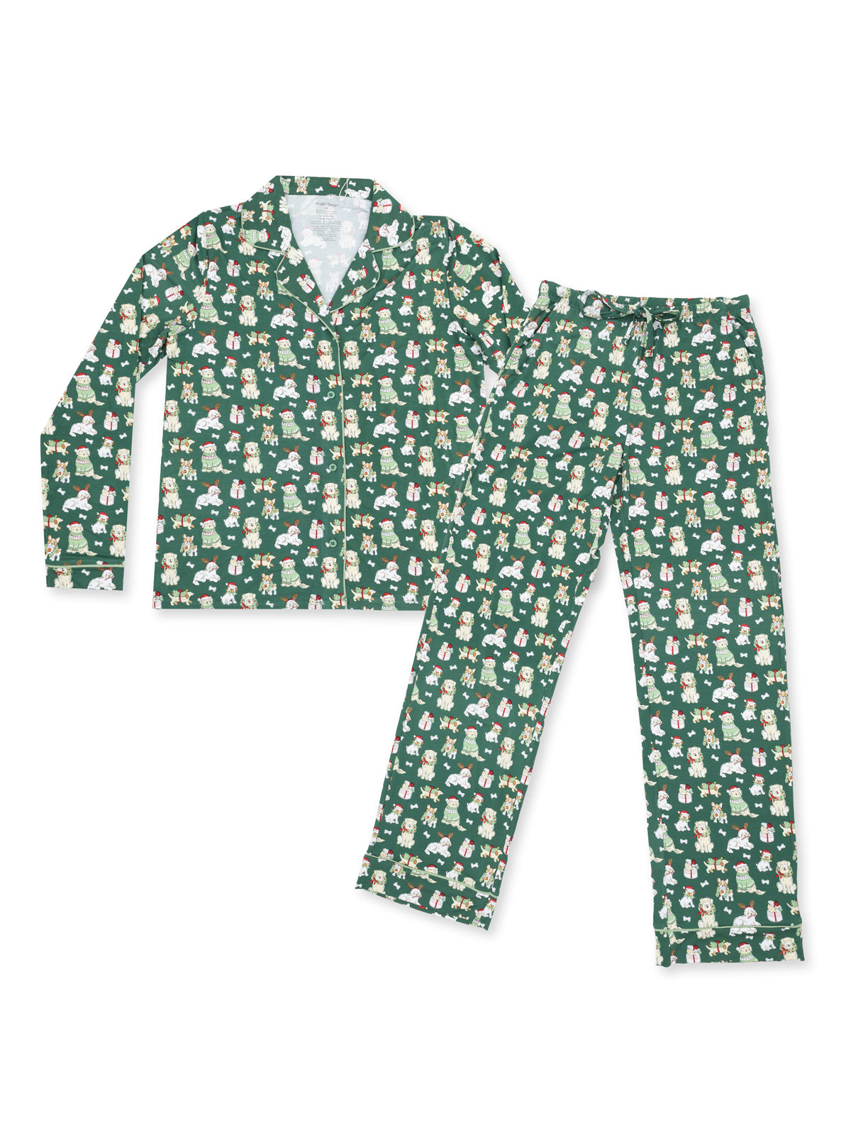 Green pajama set with playful holiday-themed patterns of animals and gifts, featuring long sleeves and matching pants.