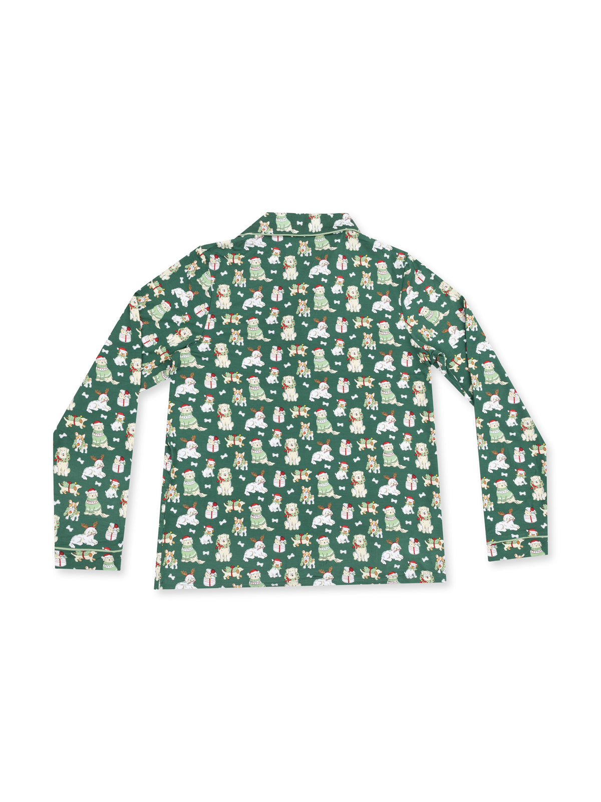 Green patterned shirt featuring whimsical holiday-themed designs of animals and gifts.