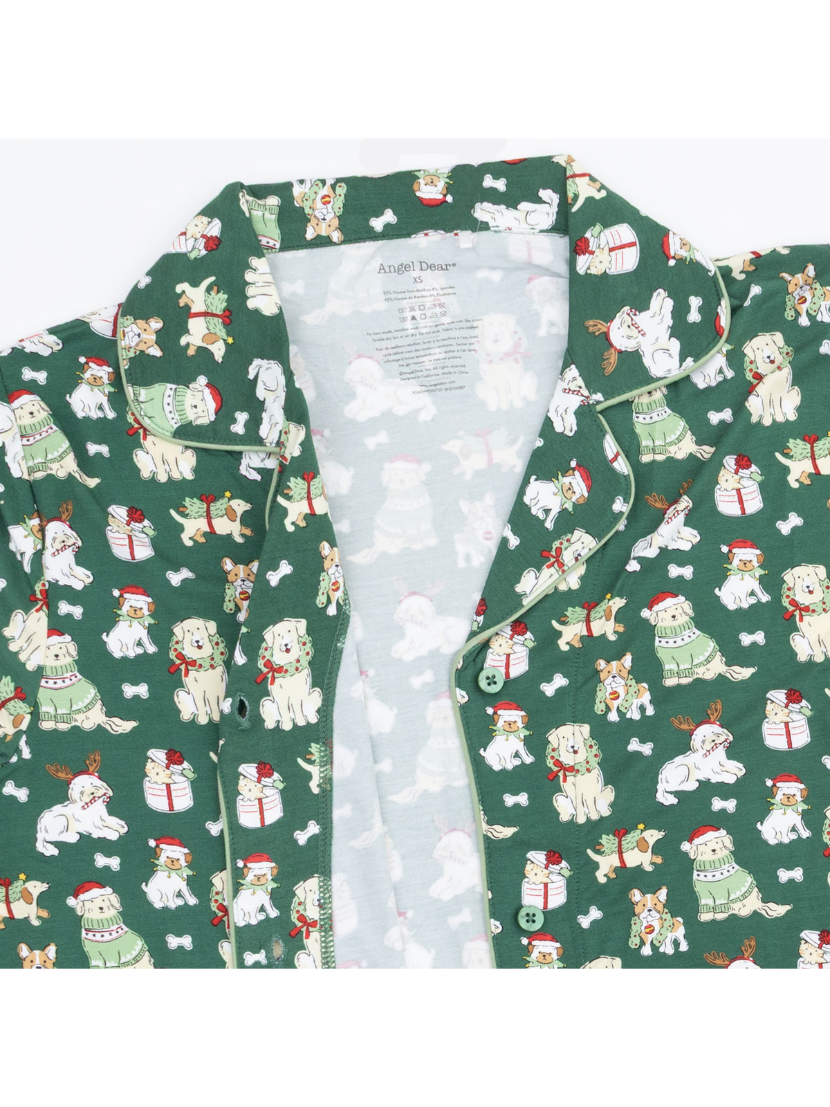 Green pajama top featuring playful dog and holiday-themed patterns. Cozy and festive design for pet lovers.