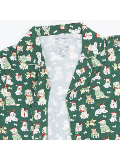 Green pajama top featuring playful dog and holiday-themed patterns. Cozy and festive design for pet lovers.