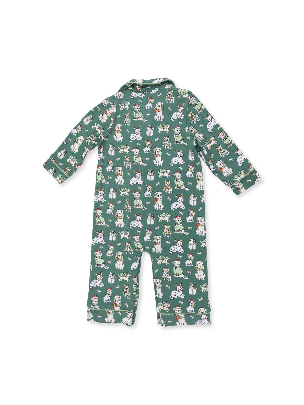 Green pajama onesie featuring festive dog prints on a soft fabric. Ideal for cozy sleepwear.