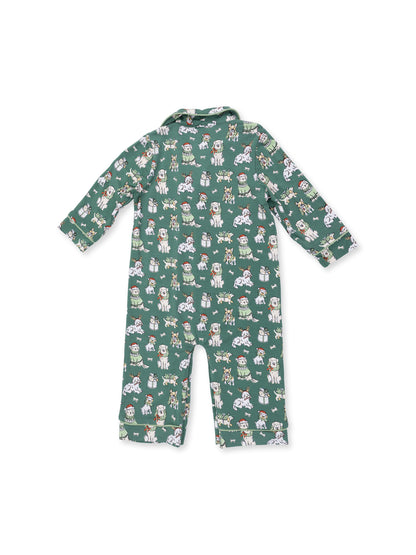 Green pajama onesie featuring festive dog prints on a soft fabric. Ideal for cozy sleepwear.