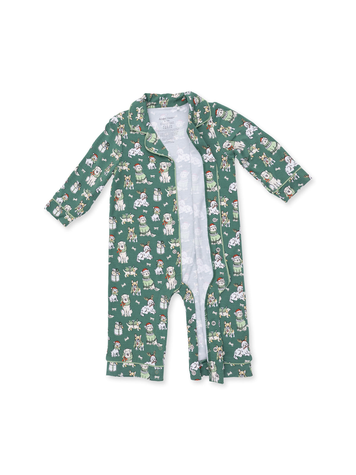 Green onesie with dog patterns, featuring long sleeves and a collared design.