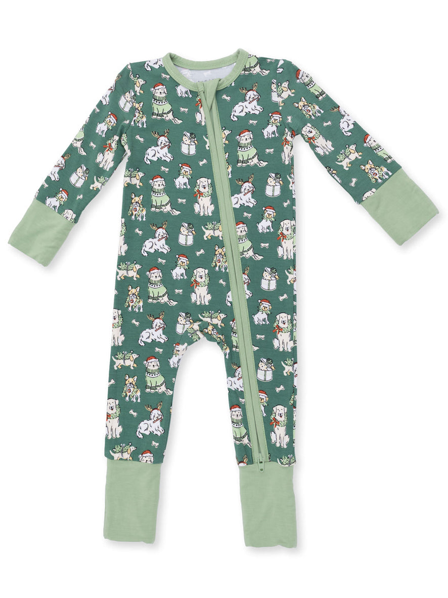 Green baby onesie with festive dog illustrations, featuring long sleeves and a front zipper.