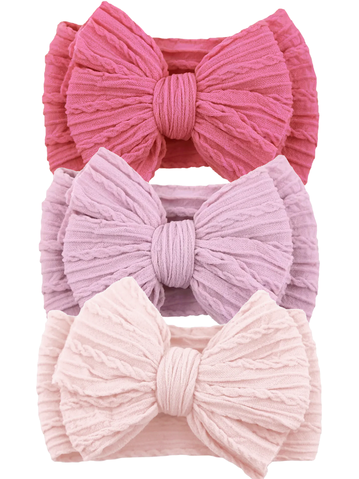 Three textured headbands in pink and lavender colors, featuring large bows, arranged horizontally.