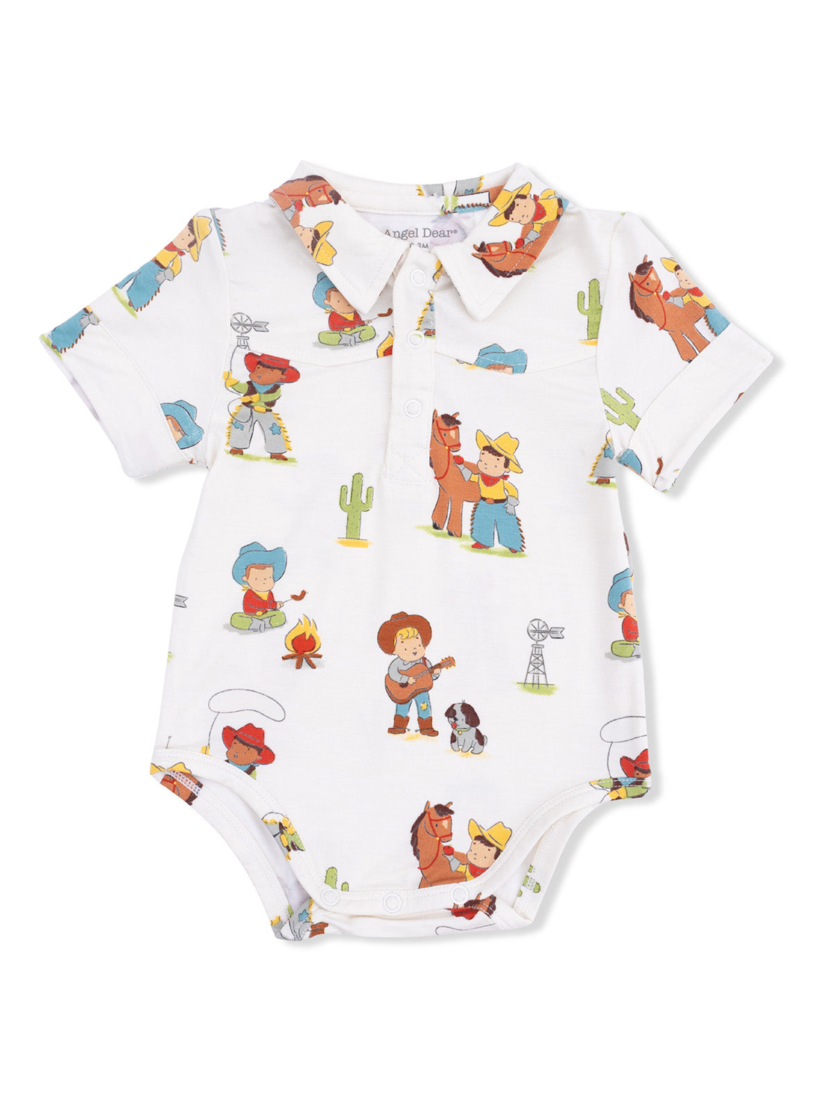 Children's white onesie with cowboy and animal prints, featuring colorful characters in a playful design.