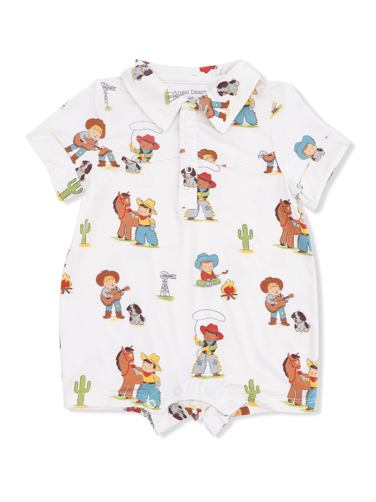 Cowboy-themed baby onesie with colorful prints of kids, horses, and cacti on white fabric. Perfect for playful outfits.