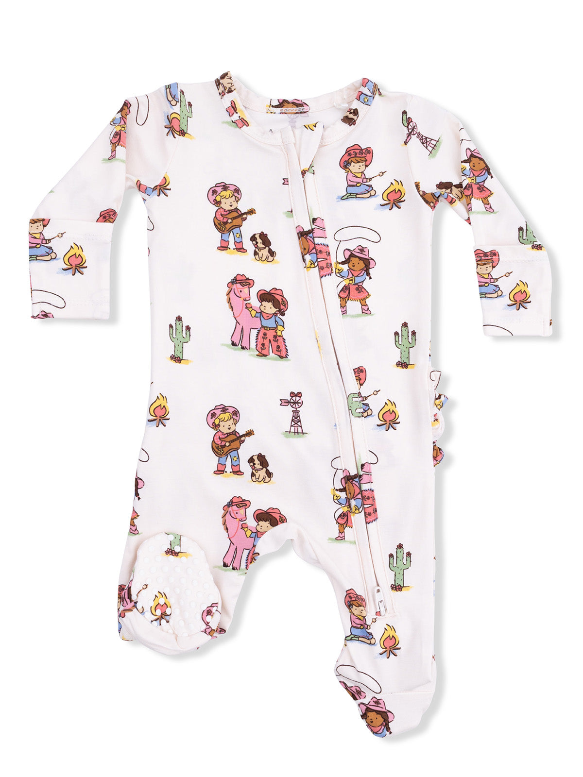 Children's onesie featuring playful cartoon characters, cacti, and campfire motifs in vibrant colors.