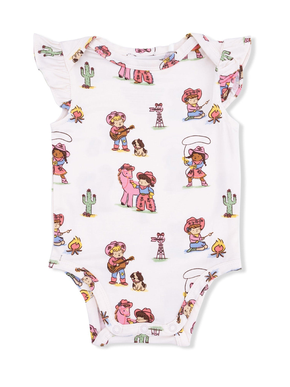 Toddler onesie featuring whimsical western-themed illustrations and ruffled sleeves.