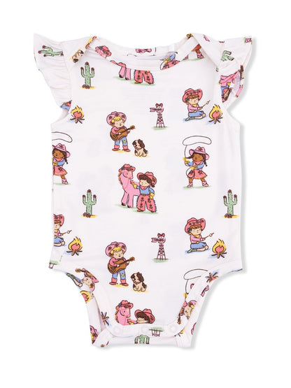 Toddler onesie featuring whimsical western-themed illustrations and ruffled sleeves.