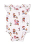 Toddler onesie featuring whimsical western-themed illustrations and ruffled sleeves.