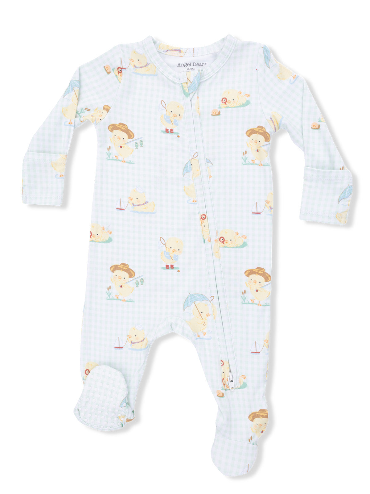 Light blue baby onesie featuring playful duck illustrations and checks pattern. Soft, cozy fabric for comfort.