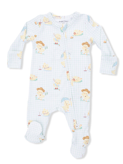 Light blue baby onesie featuring playful duck illustrations and checks pattern. Soft, cozy fabric for comfort.
