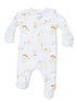 Light blue baby onesie featuring playful duck illustrations and checks pattern. Soft, cozy fabric for comfort.
