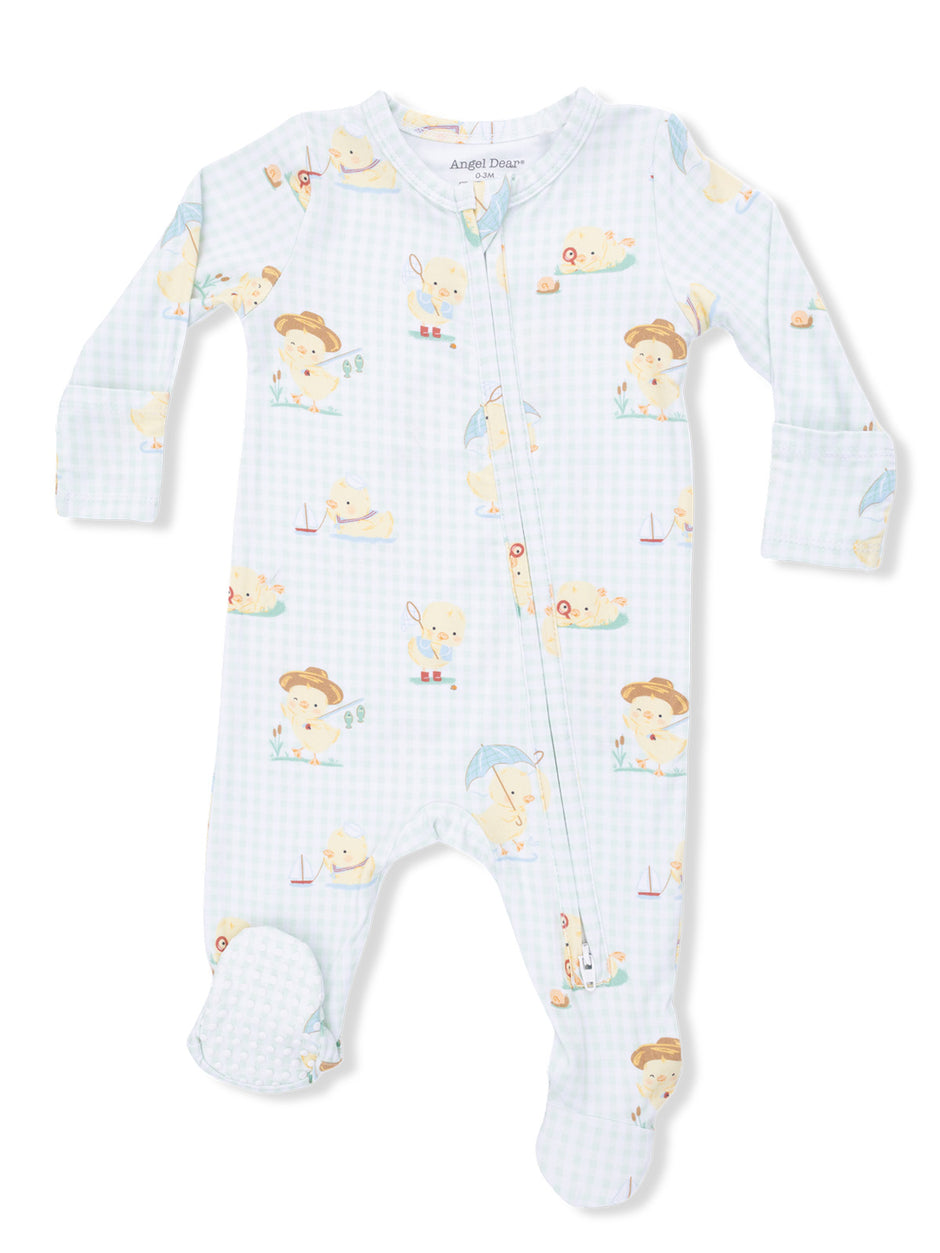 Light blue baby onesie featuring playful duck illustrations and checks pattern. Soft, cozy fabric for comfort.