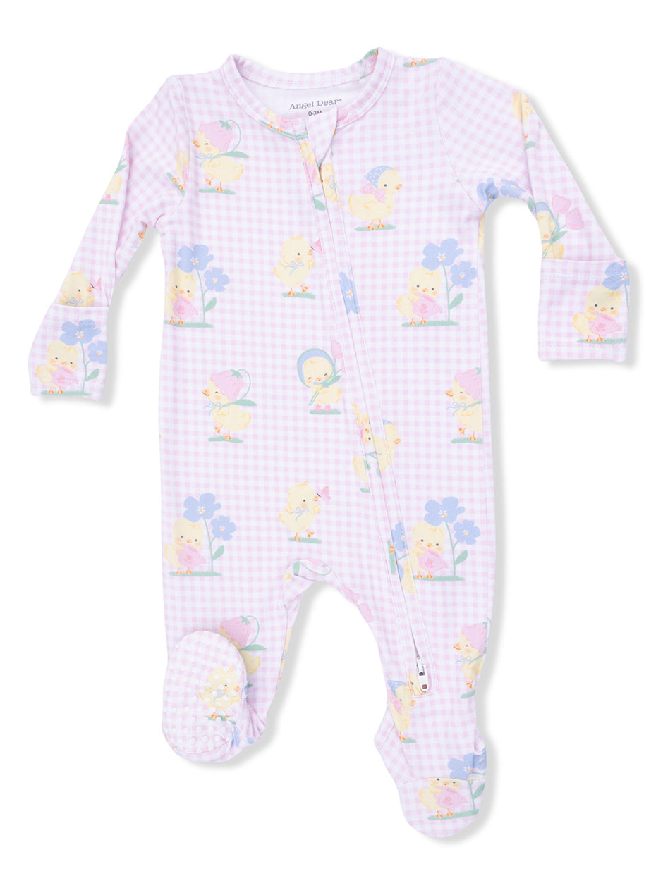 Light purple baby onesie adorned with cute chicks and flowers, featuring a front zipper and footed design.