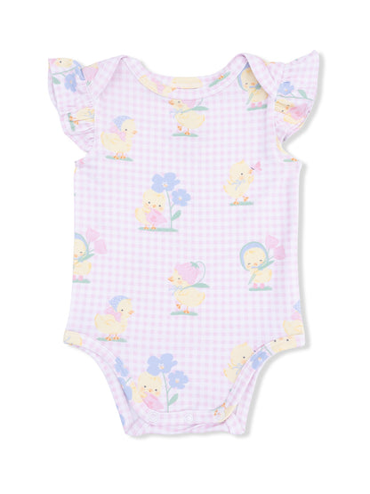 Light purple baby onesie featuring cute ducklings and flowers with ruffled sleeves, perfect for springtime outfits.