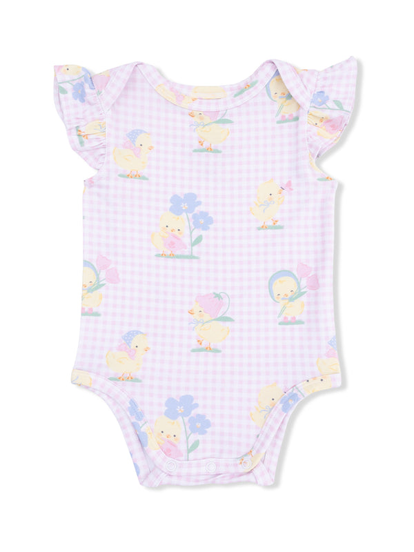 Light purple baby onesie featuring cute ducklings and flowers with ruffled sleeves, perfect for springtime outfits.