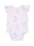 Light purple baby onesie featuring cute ducklings and flowers with ruffled sleeves, perfect for springtime outfits.