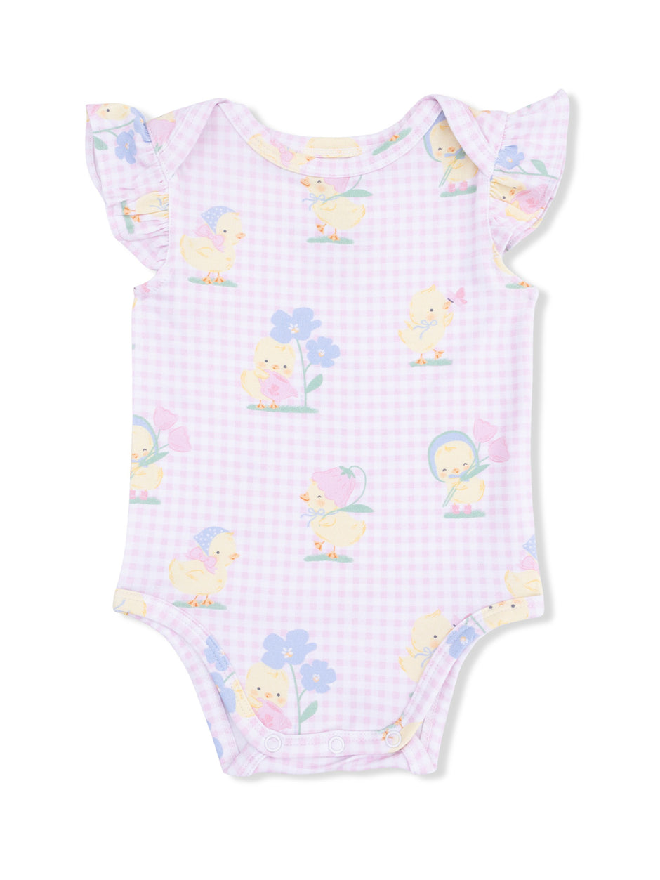 Light purple baby onesie featuring cute ducklings and flowers with ruffled sleeves, perfect for springtime outfits.