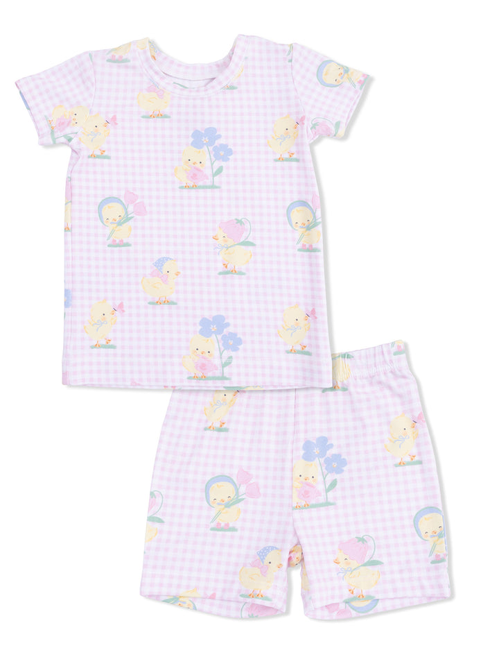 Children's pajama set featuring pink gingham and cute chicks with flowers, including a short-sleeve top and shorts.